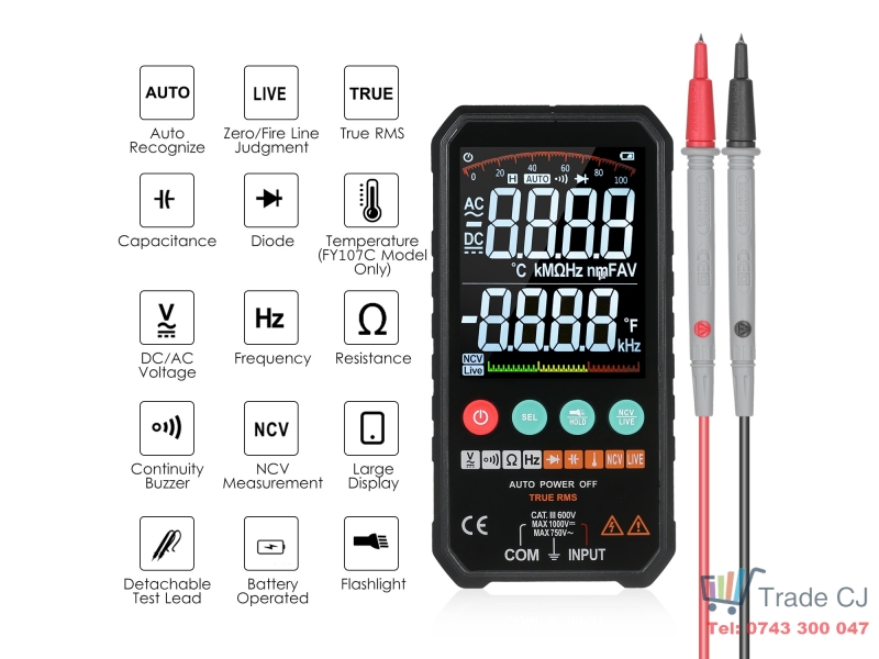 Aparat de masura digital multimetru 6000 contoare RMS AC DC NCV Tranzistor Condensator Tensiune Temperatura Smart