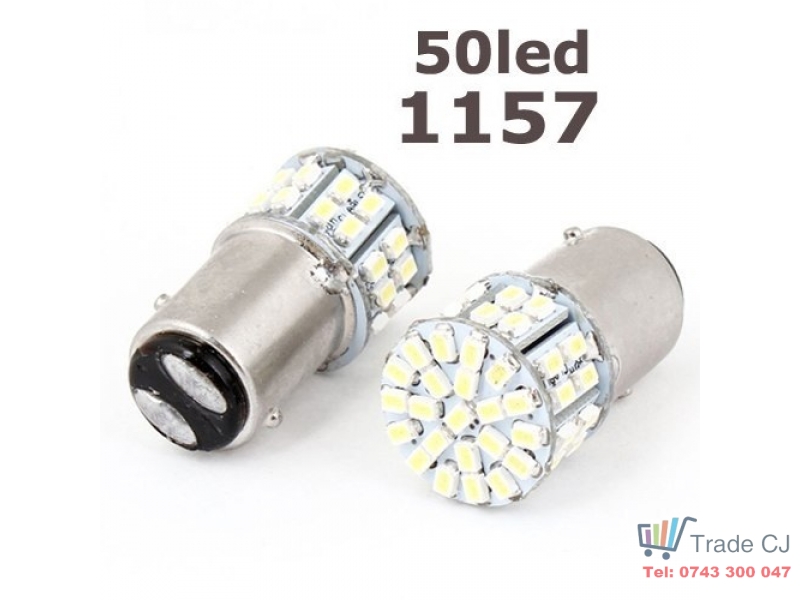 Bec LED 1157 cu doua faze 50SMD lumina alba BAY15D 12V 2 buc