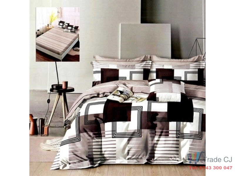 Lenjerie Pat Dublu Finet – 6 Piese, Cearceaf cu Elastic 230x250cm, Model Figuri Geometrice