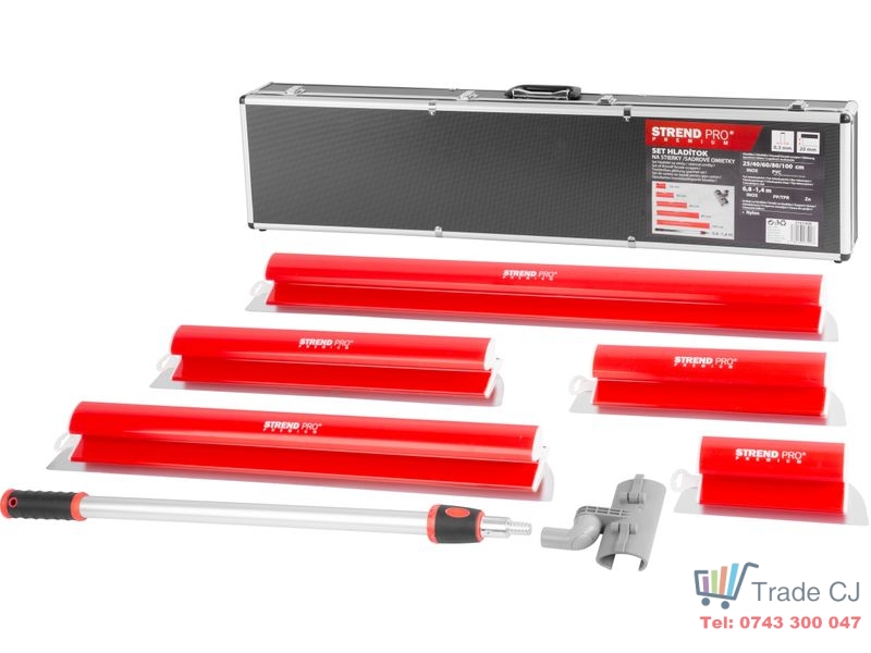 Set 5 gletiere profesionale, inox, cu suport, maner telescopic, geanta, 25, 40, 60, 80, 100 cm, Strend Pro Premium Ergonomic