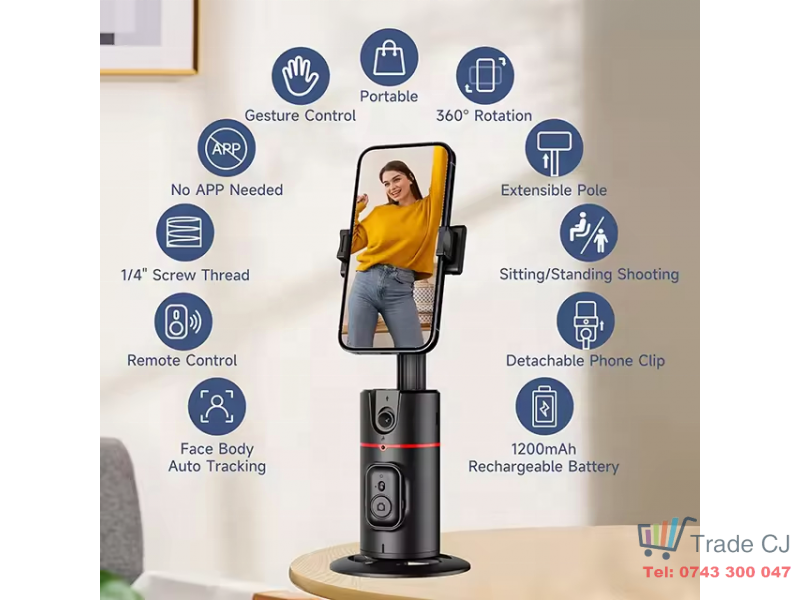 Suport telefon inteligent cu urmarire faciala AI, rotatie 360 , control prin gesturi, telecomanda wireless,gimbal pentru TikTok, live streaming, vlog si video call