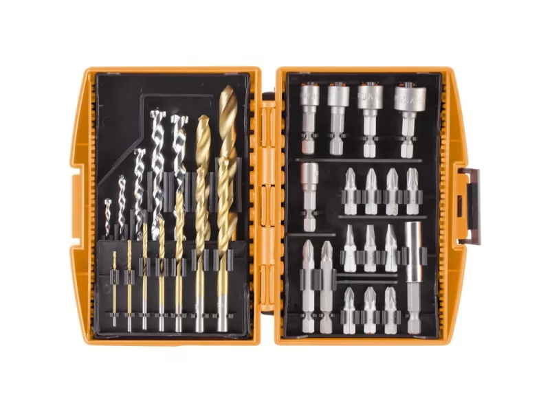Set 32 accesorii Defort biti,burghie,adaptoare in cutie plastic