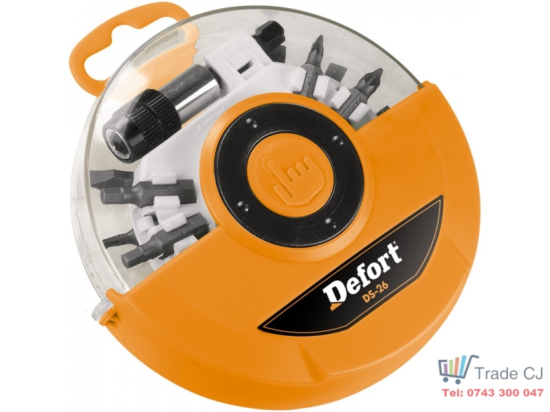 Set 26 accesorii Defort biti, adaptoare in cutie plastic