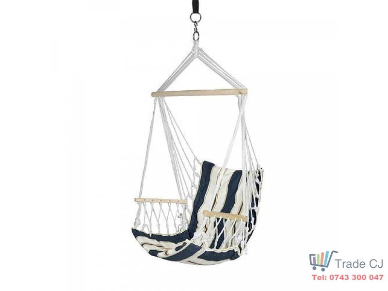 Hamac tip scaun suspendat sgtt, bumbac, 100x50 cm, suporta 150 kg, bara din lemn, pentru gradina, terasa, balcon, camping, albastru alb