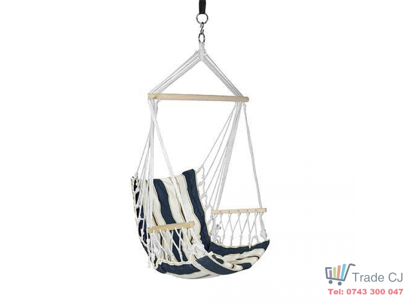 Hamac tip scaun suspendat sgtt, bumbac, 100x50 cm, suporta 150 kg, bara din lemn, pentru gradina, terasa, balcon, camping, albastru alb