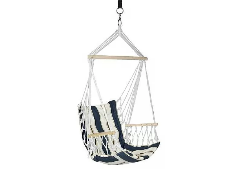 Hamac tip scaun suspendat sgtt, bumbac, 100x50 cm, suporta 150 kg, bara din lemn, pentru gradina, terasa, balcon, camping, albastru alb