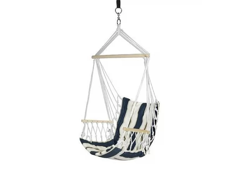 Hamac tip scaun suspendat sgtt, bumbac, 100x50 cm, suporta 150 kg, bara din lemn, pentru gradina, terasa, balcon, camping, albastru alb
