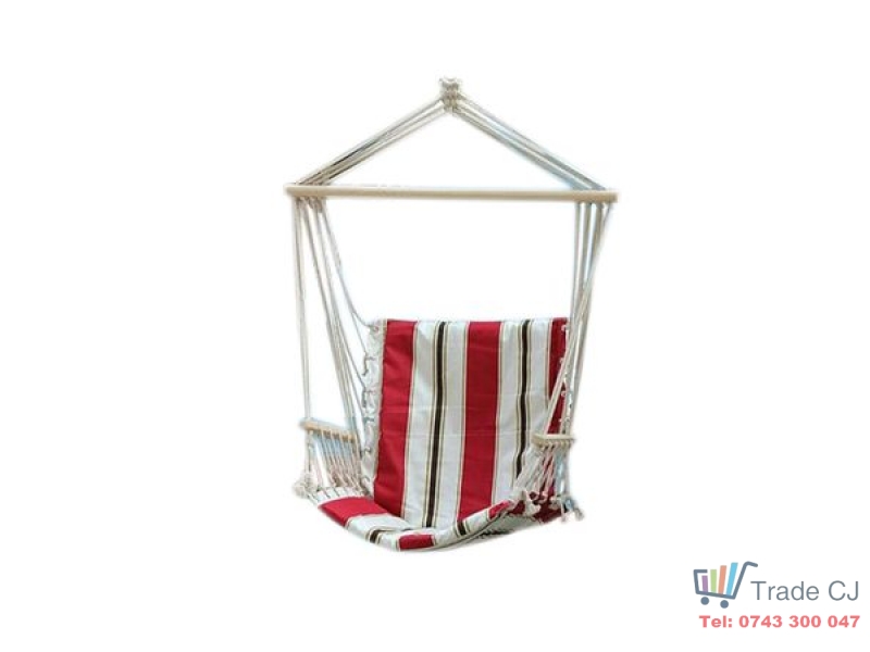 Hamac tip scaun suspendat din bumbac, rosu alb, 100x50 cm, suporta 150 kg, pentru gradina, terasa, balcon si camping
