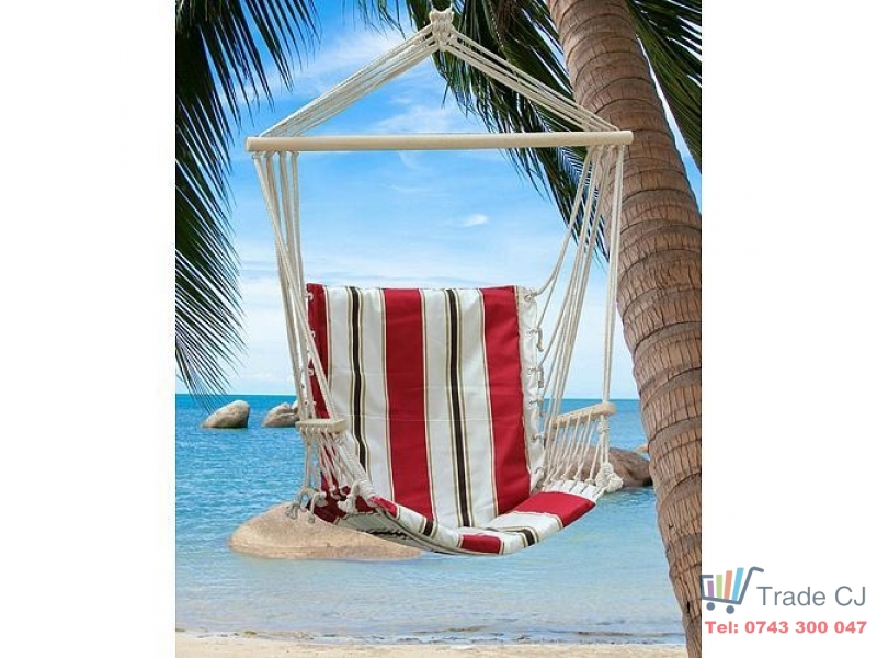 Hamac tip scaun suspendat din bumbac, rosu alb, 100x50 cm, suporta 150 kg, pentru gradina, terasa, balcon si camping