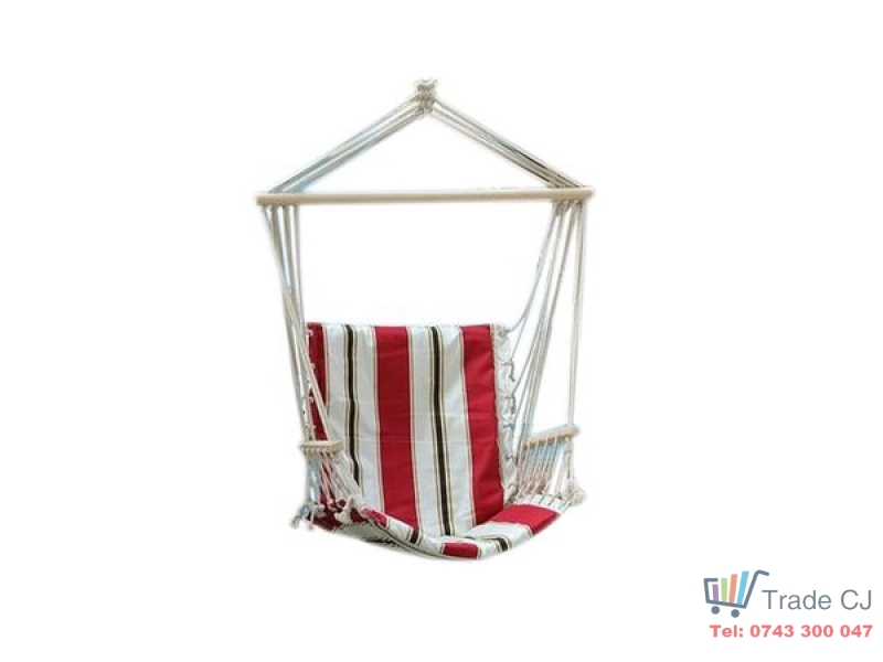Hamac tip scaun suspendat din bumbac, rosu alb, 100x50 cm, suporta 150 kg, pentru gradina, terasa, balcon si camping