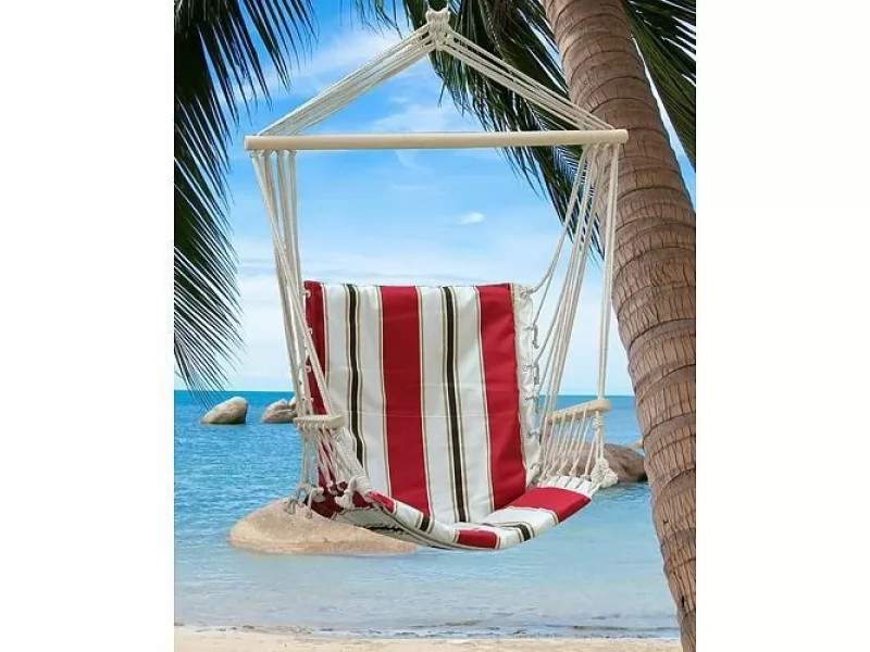 Hamac tip scaun suspendat din bumbac, rosu alb, 100x50 cm, suporta 150 kg, pentru gradina, terasa, balcon si camping
