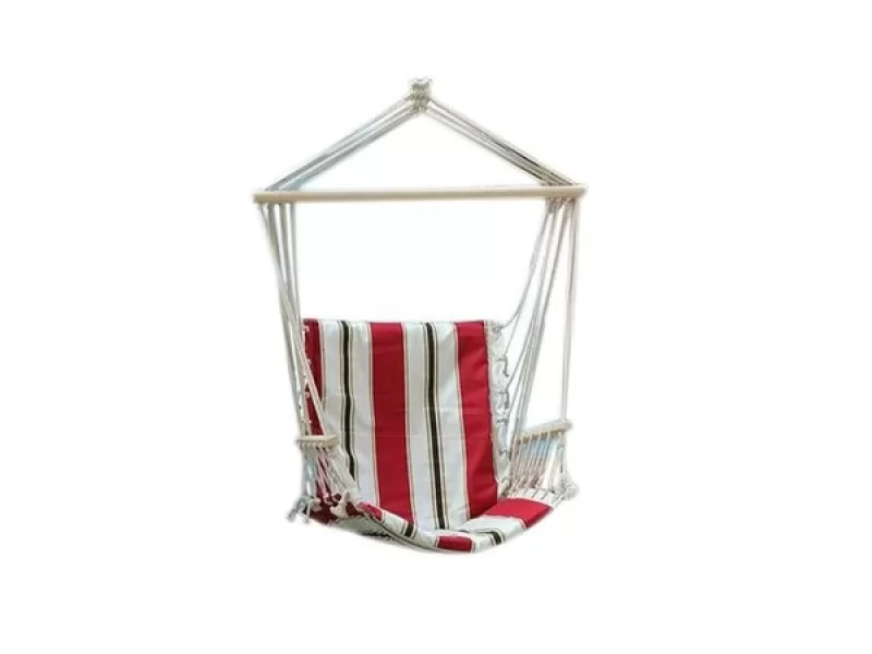 Hamac tip scaun suspendat din bumbac, rosu alb, 100x50 cm, suporta 150 kg, pentru gradina, terasa, balcon si camping