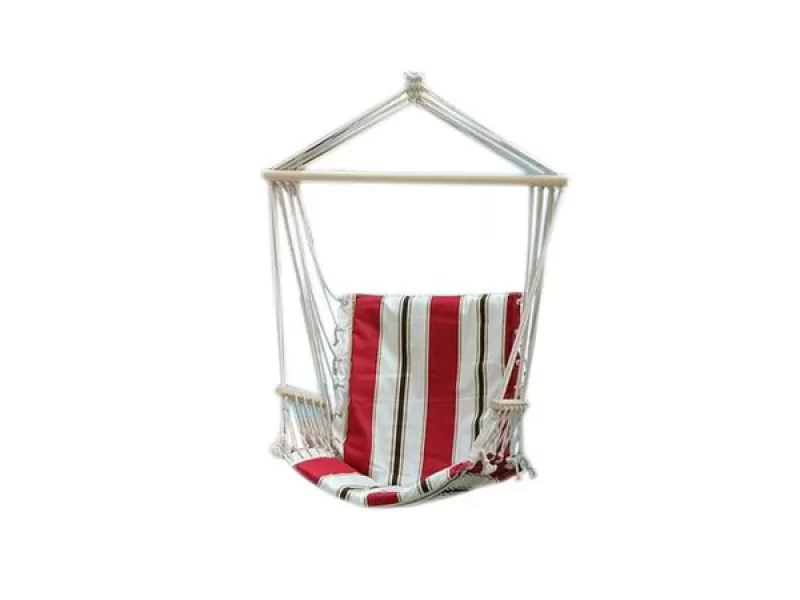 Hamac tip scaun suspendat din bumbac, rosu alb, 100x50 cm, suporta 150 kg, pentru gradina, terasa, balcon si camping