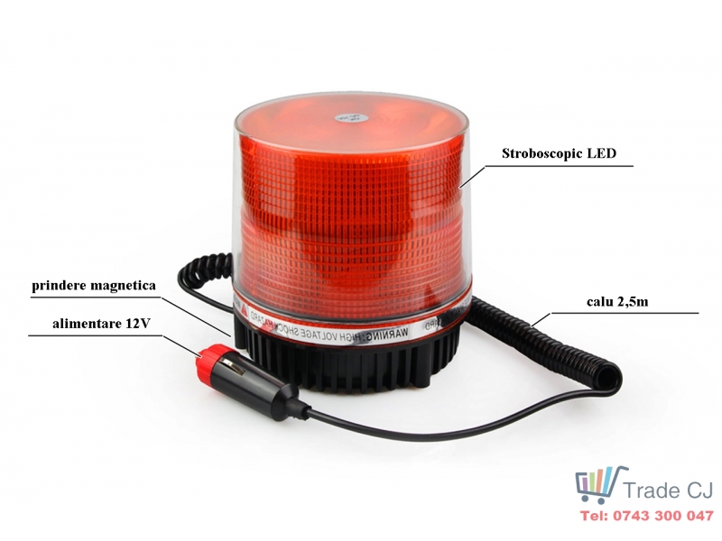 Girofar LED, alimentare 12V, stroboscopic cu prindere magnetica, cablu spiralat 2,5m