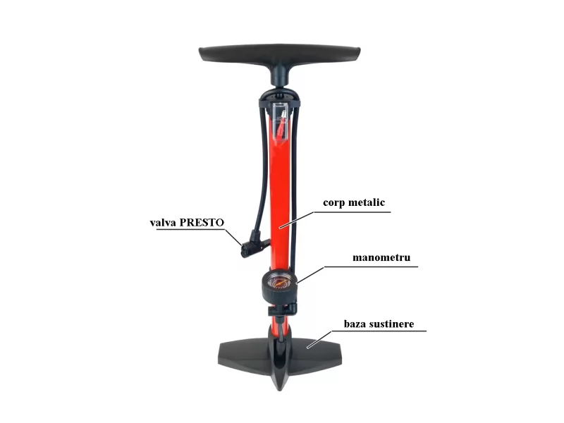 Pompa metalica pentru umflat roti, manometru presiune, lungime furtun 65 cm