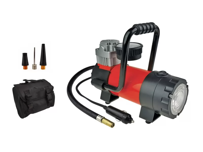 Compresor aer metalic 12V, 7bar, cu lanterna LED, geanta transport si accesorii