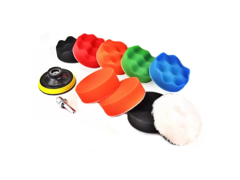 Set complet polish auto, 8 bureti cu diametru 80mm, disc cu blana, disc cu velcro si adaptor M14