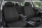 Set complet huse auto universale pentru scaune fata si spate, 9 piese cu tetiere incluse, design matlasat negru si gri, material rezistent la uzura si murdarie, compatibile cu scaune cu airbag lateral