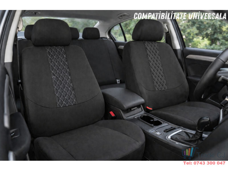 Set complet huse auto universale pentru scaune fata si spate, 9 piese cu tetiere incluse, design matlasat negru si gri, material rezistent la uzura si murdarie, compatibile cu scaune cu airbag lateral
