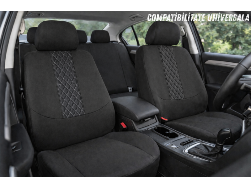 Set complet huse auto universale pentru scaune fata si spate, 9 piese cu tetiere incluse, design matlasat negru si gri, material rezistent la uzura si murdarie, compatibile cu scaune cu airbag lateral