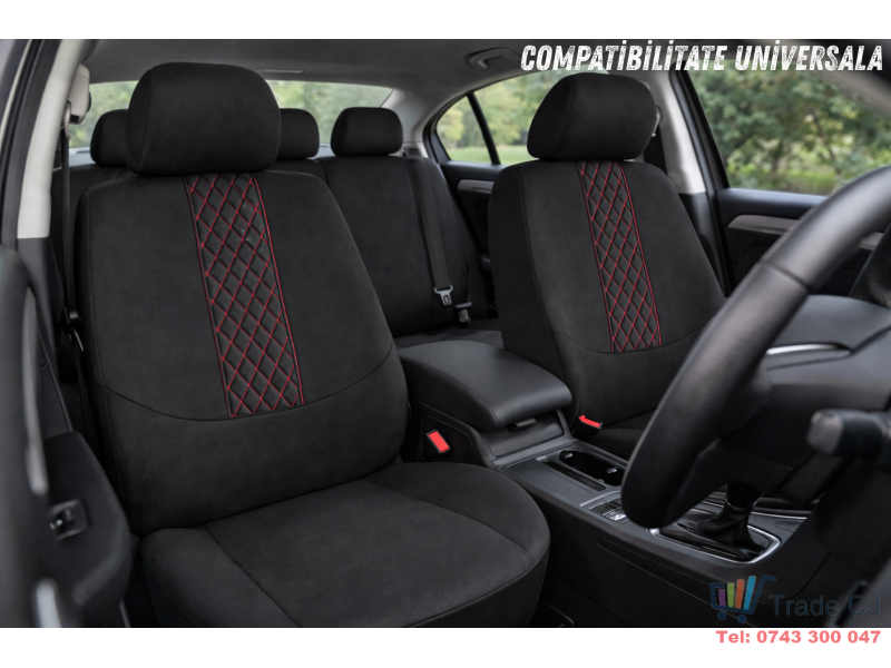 Set complet huse auto universale pentru scaune fata si spate, 9 piese cu tetiere incluse, design matlasat negru si rosu, material rezistent la uzura si murdarie, compatibile cu scaune cu airbag latera