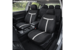Set complet huse auto universale pentru scaune fata si spate, 9 piese cu tetiere incluse, design matlasat negru si gri deschis, material rezistent la uzura si murdarie, compatibile cu scaune cu airbag