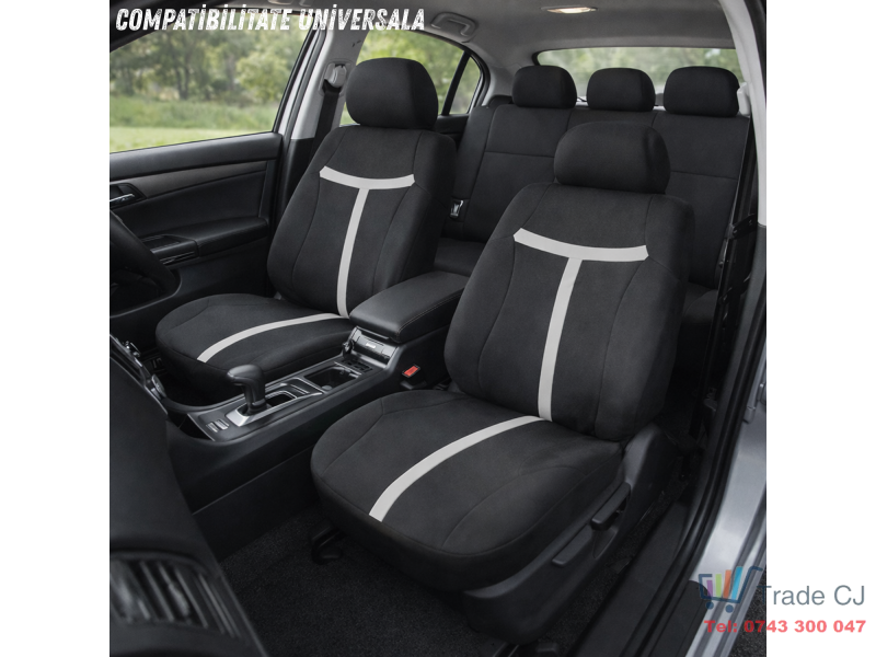 Set complet huse auto universale pentru scaune fata si spate, 9 piese cu tetiere incluse, design matlasat negru si gri deschis, material rezistent la uzura si murdarie, compatibile cu scaune cu airbag