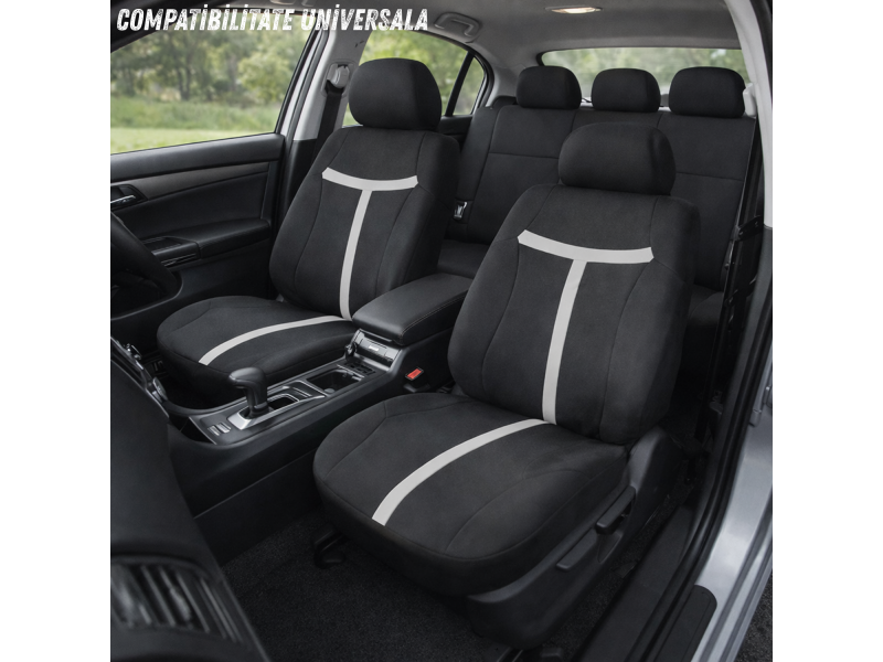 Set complet huse auto universale pentru scaune fata si spate, 9 piese cu tetiere incluse, design matlasat negru si gri deschis, material rezistent la uzura si murdarie, compatibile cu scaune cu airbag