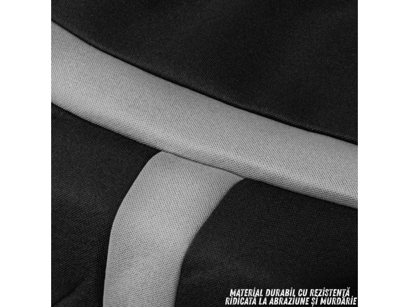 Set complet huse auto universale pentru scaune fata si spate, 9 piese cu tetiere incluse, design matlasat negru si gri deschis, material rezistent la uzura si murdarie, compatibile cu scaune cu airbag