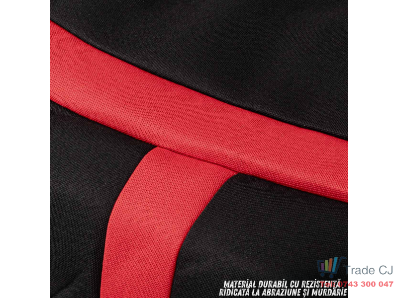 Set complet huse auto universale pentru scaune fata si spate, 9 piese cu tetiere incluse, design matlasat negru si rosu intens, material rezistent la uzura si murdarie, universale