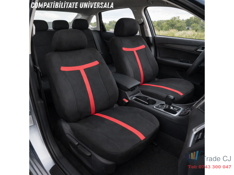 Set complet huse auto universale pentru scaune fata si spate, 9 piese cu tetiere incluse, design matlasat negru si rosu intens, material rezistent la uzura si murdarie, universale