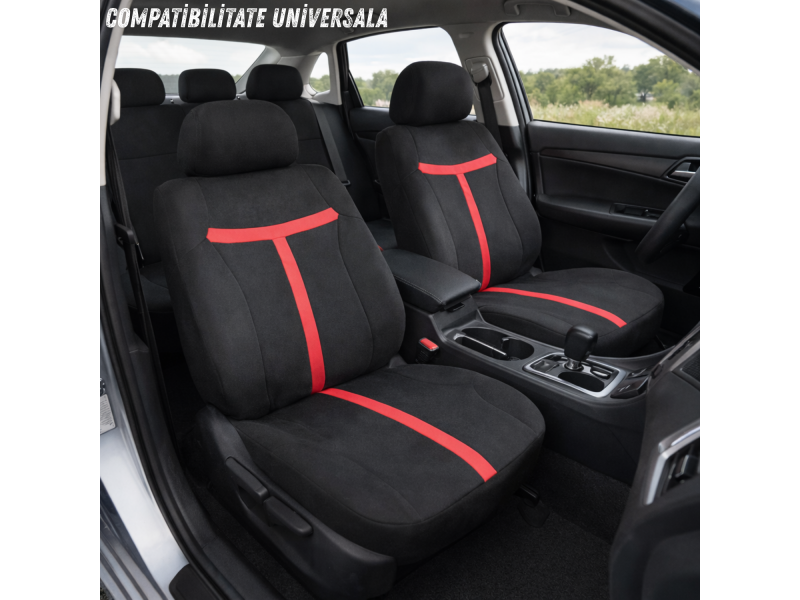 Set complet huse auto universale pentru scaune fata si spate, 9 piese cu tetiere incluse, design matlasat negru si rosu intens, material rezistent la uzura si murdarie, universale