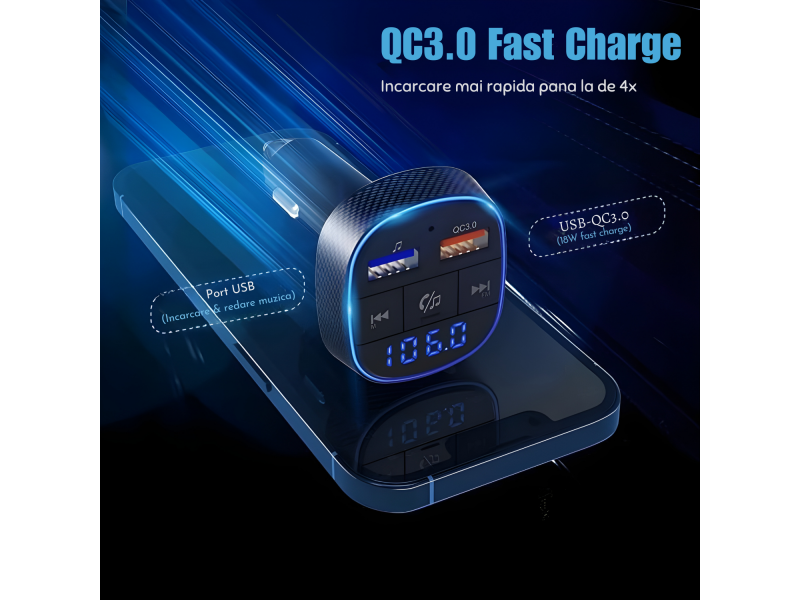 Modulator FM cu Bluetooth si USB, Redare Muzica, Apeluri Hands-Free, Compatibil Android si iOS, Frecventa 87.5, 108 MHz, Incarcare Simultana a Doua Dispozitive, Modernizeaza Instant Orice Masina cu Rad