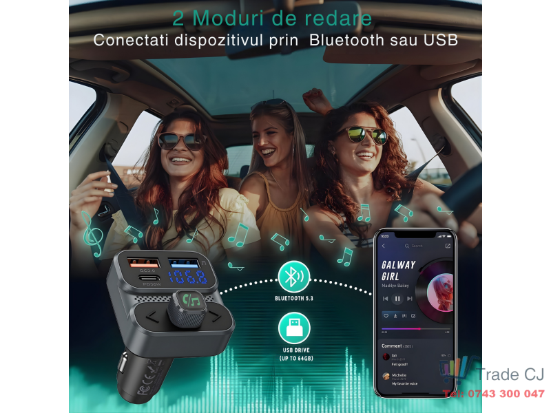 Modulator FM auto multifunctional cu Bluetooth, redare muzica wireless, 2 porturi USB-A, 1 port USB-C pentru incarcare rapida, microfon hands-free, control prin butoane, compatibil Android si iOS, ali