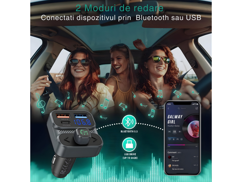 Modulator FM auto multifunctional cu Bluetooth, redare muzica wireless, 2 porturi USB-A, 1 port USB-C pentru incarcare rapida, microfon hands-free, control prin butoane, compatibil Android si iOS, ali