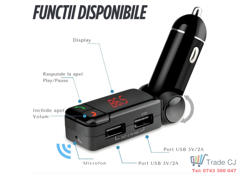 Modulator FM auto cu design pliabil reglabil, Bluetooth pentru redare muzica wireless si apeluri hands-free, microfon integrat pentru convorbiri clare, 2 porturi USB-A pentru incarcare simultana si re