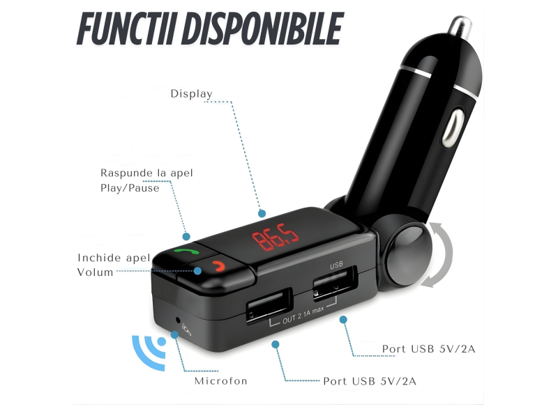 Modulator FM auto cu design pliabil reglabil, Bluetooth pentru redare muzica wireless si apeluri hands-free, microfon integrat pentru convorbiri clare, 2 porturi USB-A pentru incarcare simultana si re
