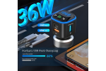 Modulator FM auto multifunctional cu Bluetooth integrat, suport microSD, incarcare rapida prin 2 USB-C si USB-A, apeluri hands-free si redare muzica din mai multe surse, alimentare 12, 24 V