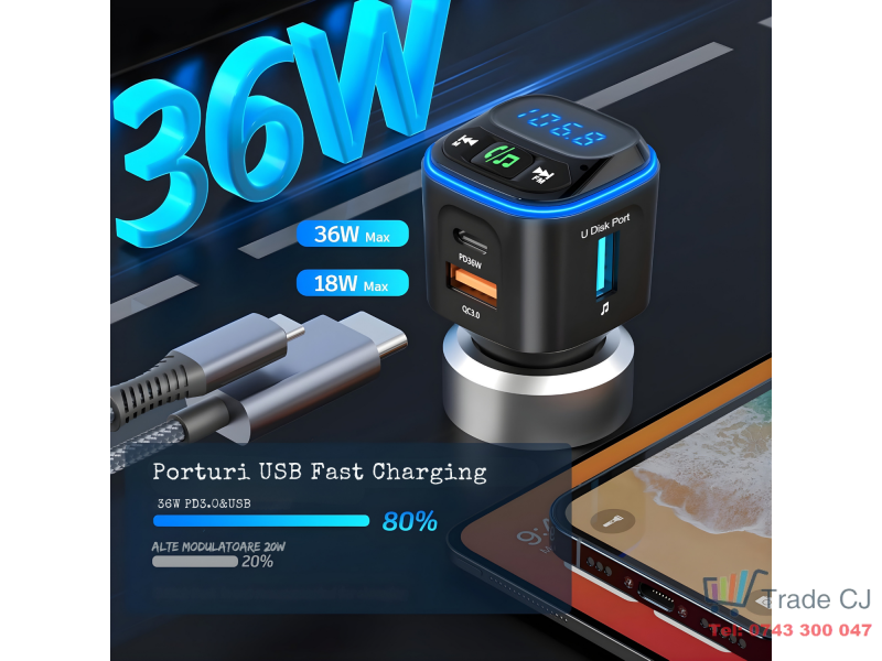 Modulator FM auto multifunctional cu Bluetooth integrat, suport microSD, incarcare rapida prin 2 USB-C si USB-A, apeluri hands-free si redare muzica din mai multe surse, alimentare 12, 24 V