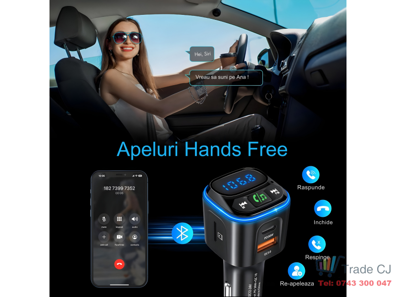 Modulator FM auto multifunctional cu Bluetooth integrat, suport microSD, incarcare rapida prin 2 USB-C si USB-A, apeluri hands-free si redare muzica din mai multe surse, alimentare 12, 24 V
