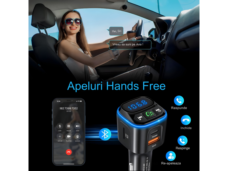 Modulator FM auto multifunctional cu Bluetooth integrat, suport microSD, incarcare rapida prin 2 USB-C si USB-A, apeluri hands-free si redare muzica din mai multe surse, alimentare 12, 24 V
