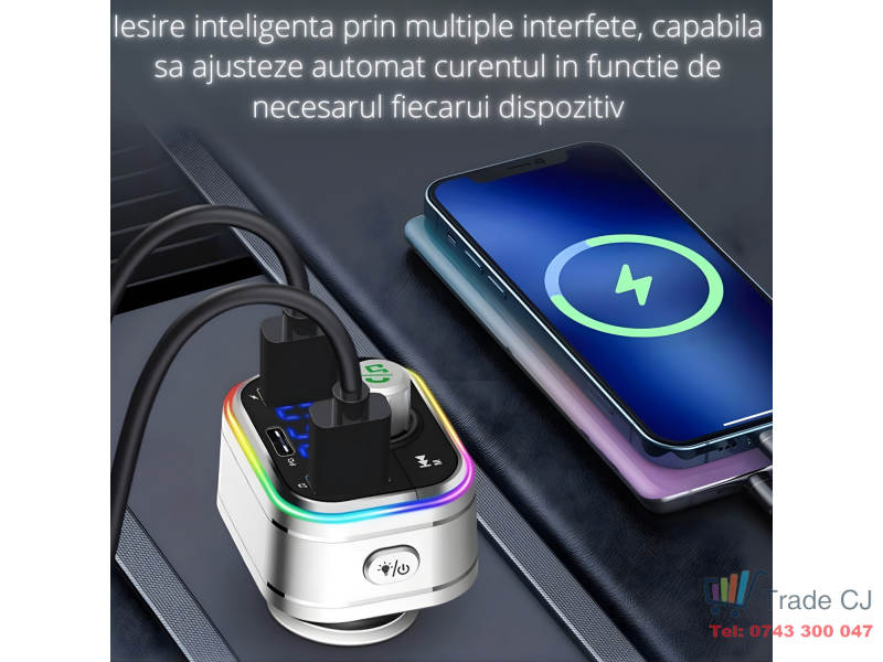 Modulator FM auto multifunctional cu Bluetooth, redare muzica din telefon, USB si MicroSD, 2 porturi USB-A si 1 port USB-C pentru incarcare rapida, microfon hands-free, control intuitiv, compatibil An