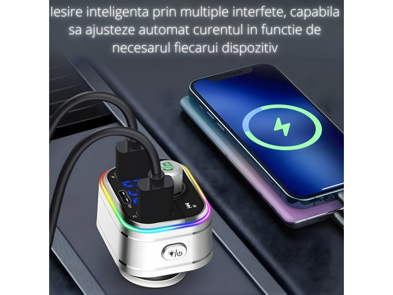 Modulator FM auto multifunctional cu Bluetooth, redare muzica din telefon, USB si MicroSD, 2 porturi USB-A si 1 port USB-C pentru incarcare rapida, microfon hands-free, control intuitiv, compatibil An