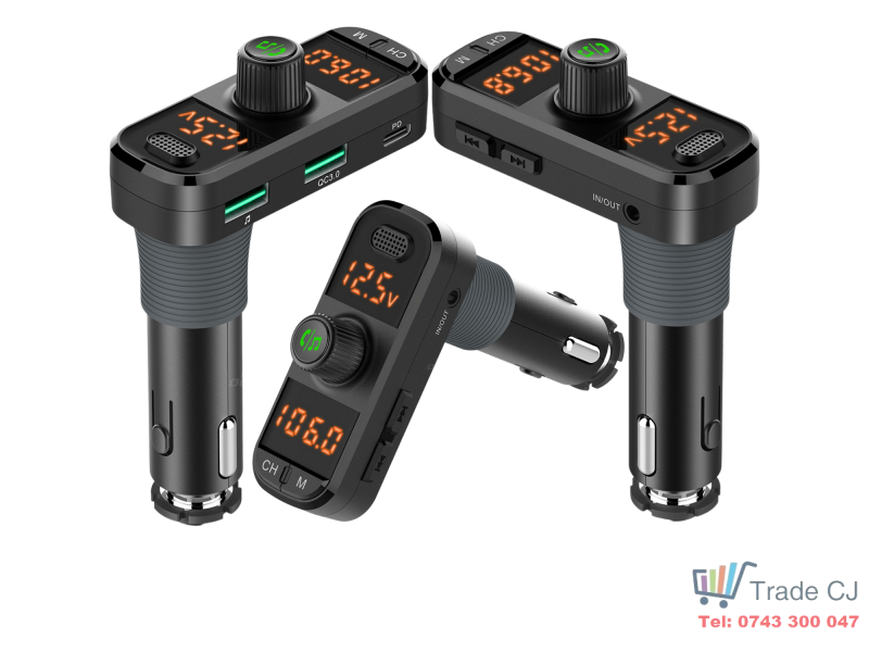 Modulator FM auto cu design ergonomic in forma de L pentru instalare usoara in vehicule cu spatiu limitat, modul Bluetooth pentru redare muzica wireless si apeluri hands-free, 3 porturi USB