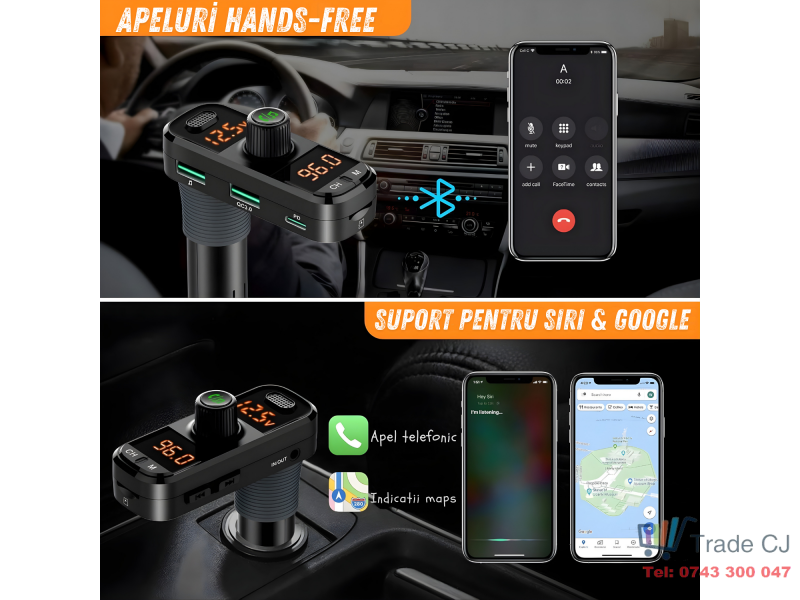 Modulator FM auto cu design ergonomic in forma de L pentru instalare usoara in vehicule cu spatiu limitat, modul Bluetooth pentru redare muzica wireless si apeluri hands-free, 3 porturi USB