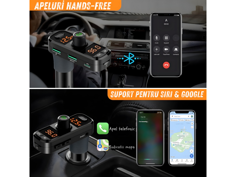 Modulator FM auto cu design ergonomic in forma de L pentru instalare usoara in vehicule cu spatiu limitat, modul Bluetooth pentru redare muzica wireless si apeluri hands-free, 3 porturi USB