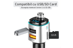 Modulator FM auto cu Bluetooth pentru redare muzica si apeluri hands-free, 2 porturi USB-A pentru incarcare si redare, slot microSD pentru MP3, buton rotativ multifunctional, compatibil Android si iOS