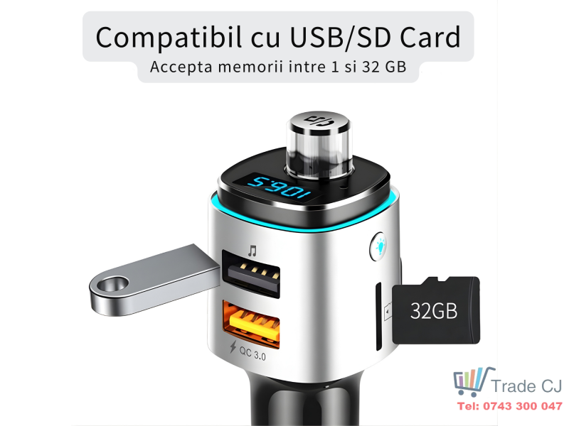 Modulator FM auto cu Bluetooth pentru redare muzica si apeluri hands-free, 2 porturi USB-A pentru incarcare si redare, slot microSD pentru MP3, buton rotativ multifunctional, compatibil Android si iOS