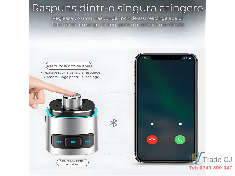 Modulator FM auto cu Bluetooth pentru redare muzica si apeluri hands-free, 2 porturi USB-A pentru incarcare si redare, slot microSD pentru MP3, buton rotativ multifunctional, compatibil Android si iOS