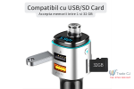 Modulator FM auto cu Bluetooth pentru redare muzica si apeluri hands-free, 2 porturi USB-A pentru incarcare si redare, slot microSD pentru MP3, buton rotativ multifunctional, compatibil Android si iOS